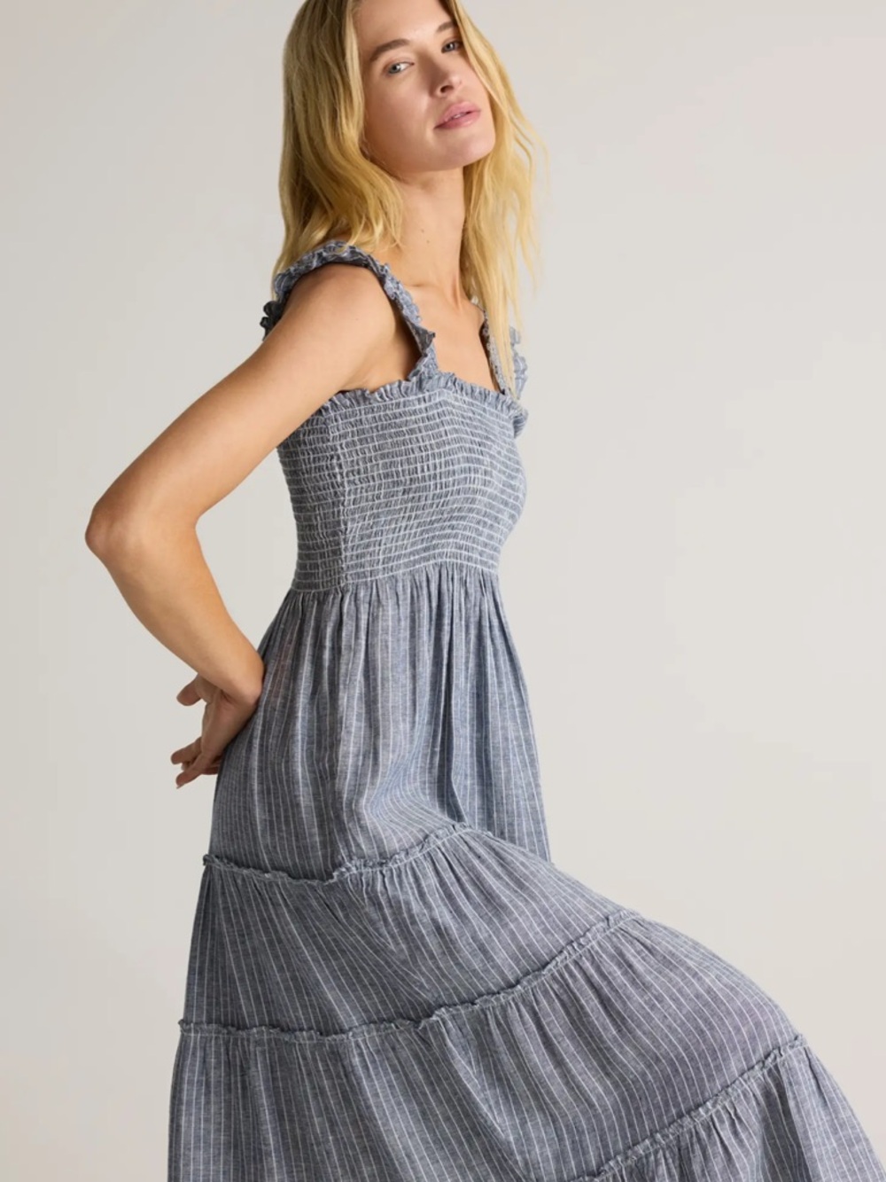 Quince Blue Striped Smocked Linen Midi Dress - Picture 2 of 10